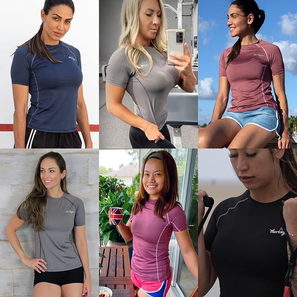 imageThermajane Womens Compression Short Sleeve T Shirt for Athletic Workout and Running Cool Dry TopsNavy