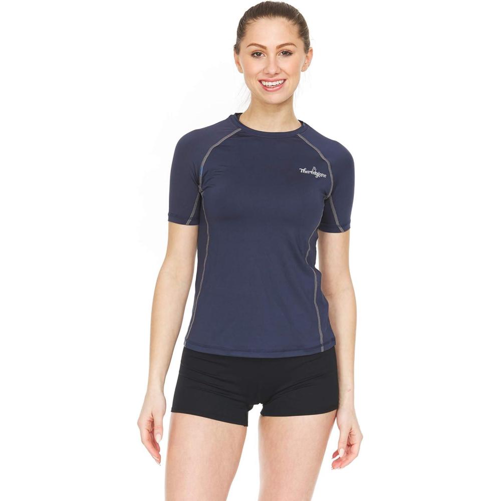 imageThermajane Womens Compression Short Sleeve T Shirt for Athletic Workout and Running Cool Dry TopsNavy