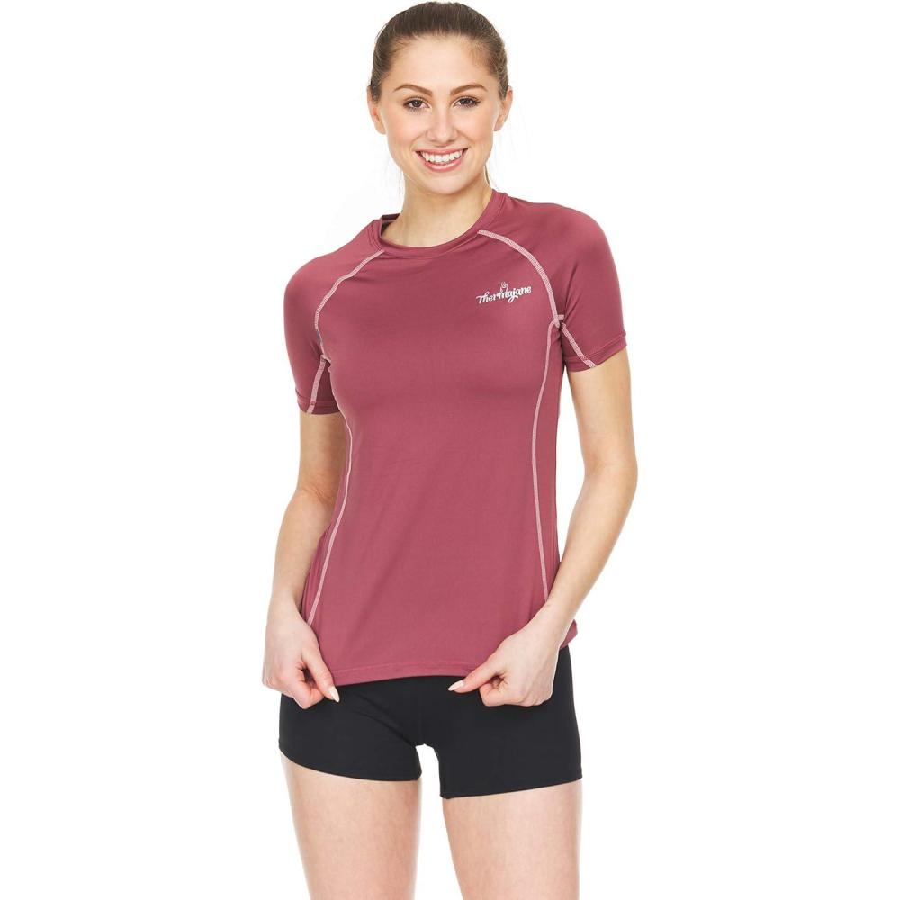 imageThermajane Womens Compression Short Sleeve T Shirt for Athletic Workout and Running Cool Dry TopsWine