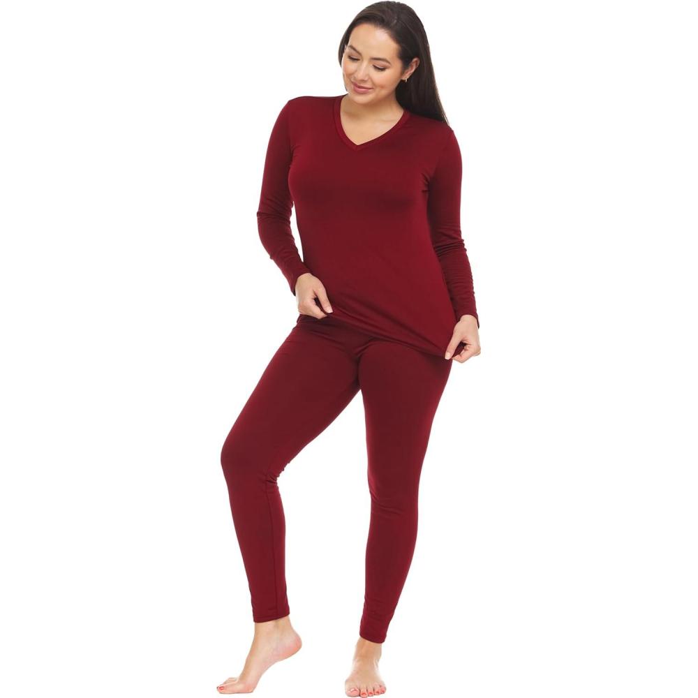 imageThermajane Long Johns V Neck Thermal Underwear for Women Fleece Lined Base Layer Pajama Set Cold Weather Red 2XSmall