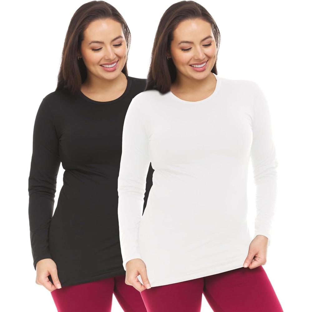 imageThermajane Long Sleeve Thermal Shirts for Women Cold Weather Womens Thermal Underwear Tops Base Layer Women Thermal 2 Pack Black White XLarge