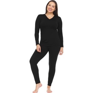 Thermajane Long Johns V Neck Thermal Underwear for Women Fleece Lined Base Layer Pajama Set Cold Weather (Black, Medium)