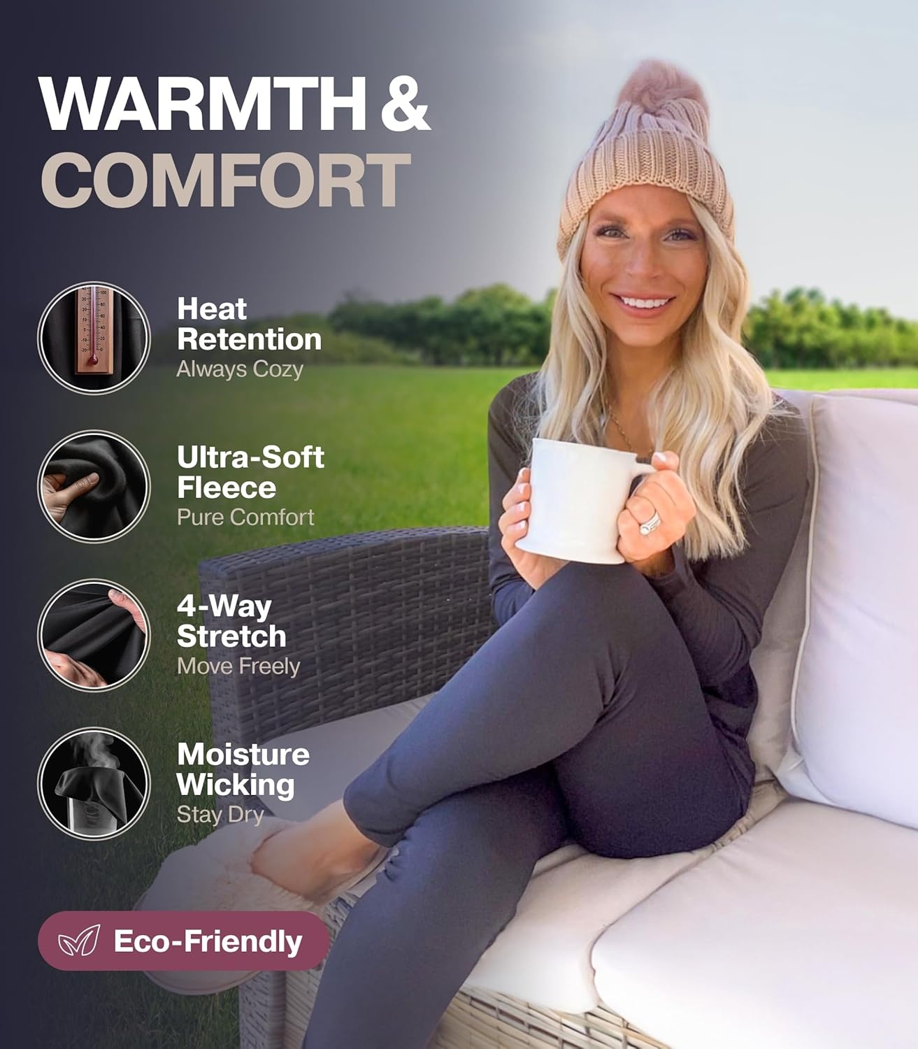 image:imageThermajane Long Johns Thermal Underwear for Women Scoop Neck Fleece Lined Base Layer Pajama Set Cold Weather Black 2XLarge