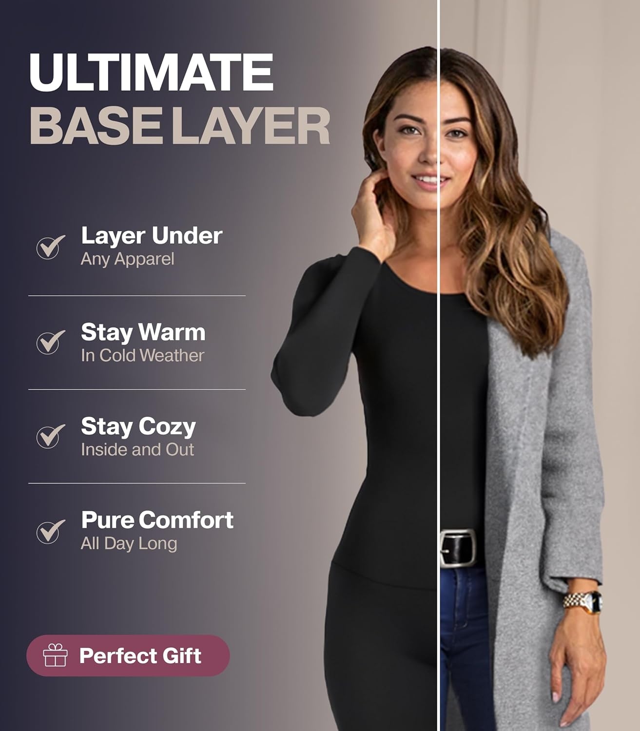 image:imageThermajane Long Johns Thermal Underwear for Women Scoop Neck Fleece Lined Base Layer Pajama Set Cold Weather Black 2XLarge