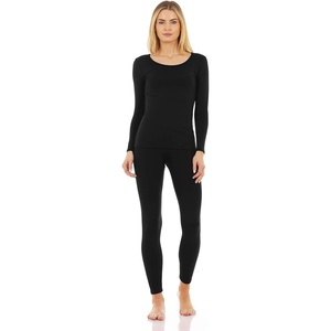 Thermajane Long Johns Thermal Underwear for Women Scoop Neck Fleece Lined Base Layer Pajama Set Cold Weather (Black, 2X-Large)