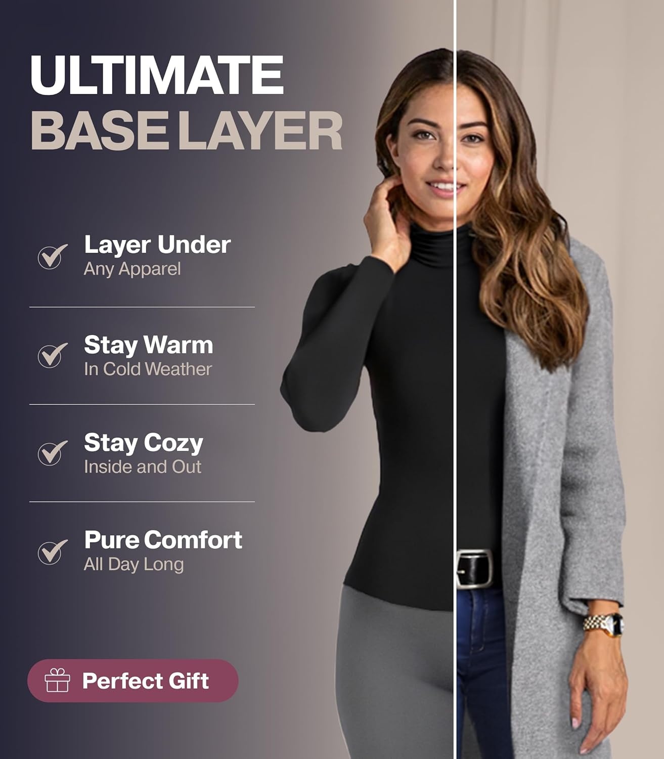 image:imageThermajane Long Sleeve Thermal Shirts for Women Cold Weather Womens Thermal Underwear Tops Turtleneck 2 Pack Black Large