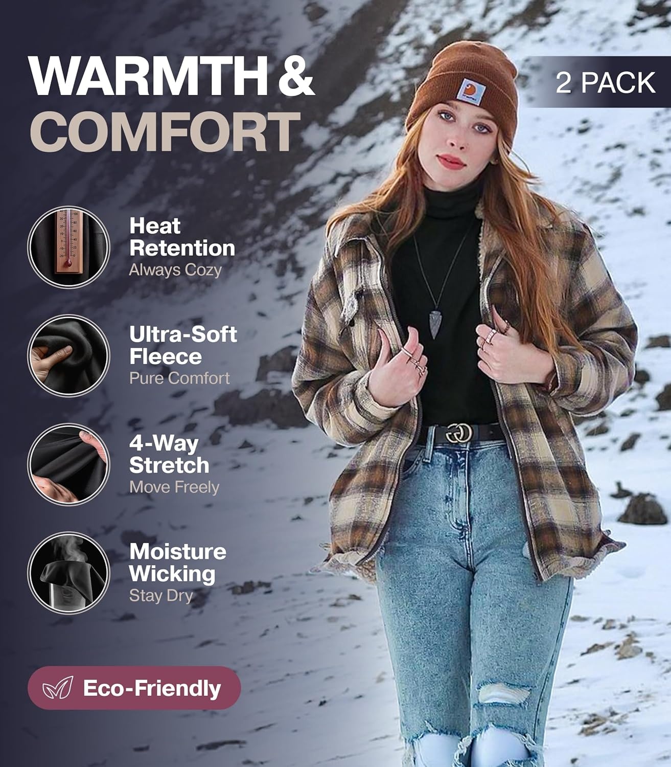 image:imageThermajane Long Sleeve Thermal Shirts for Women Cold Weather Womens Thermal Underwear Tops Turtleneck 2 Pack Black Large