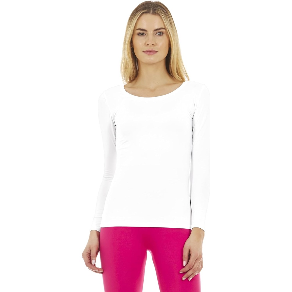 image:imageThermajane Scoop Neck Long Sleeve Thermal Shirts for Women Cold Weather Womens Thermal Underwear Tops Base Layer Women Thermal White Large